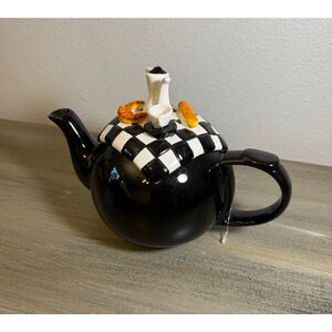 Vintage Black White Check Teapot Whimsical Lid Taiwan MacKenzie Childs Style